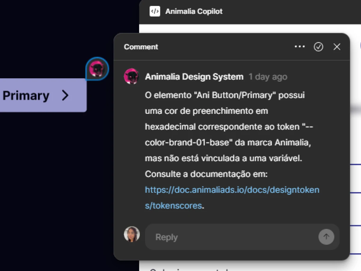 Tela do Figma com o Animalia Copilot apontando erros de token nos elementos.