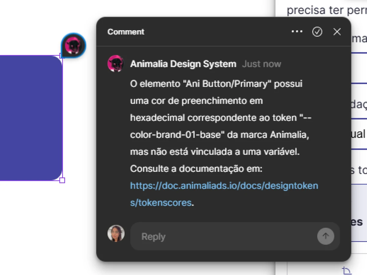 Tela do Figma com o Animalia Copilot apontando erros de token nos elementos.
