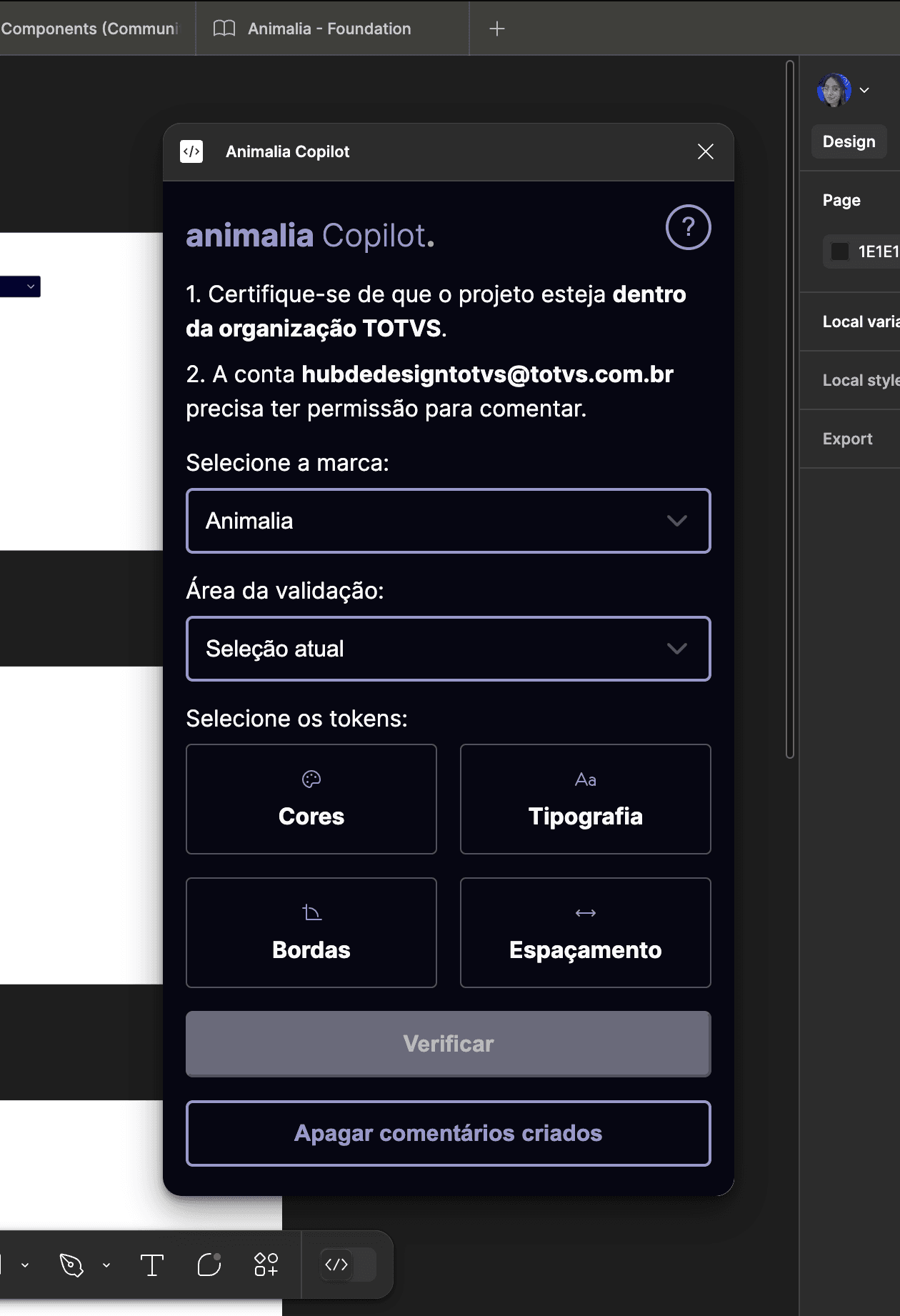 Plugin Animalia Copilot rodando no Figma em dark mode, listando tokens de cor e tipografia