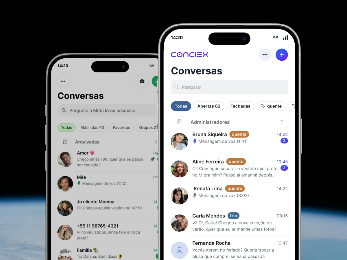 Duas telas de celular: ao fundo, a lista de conversas do WhatsApp; em destaque, a lista de conversas do Conciex Messaging com etiquetas de cliente quente e frio
