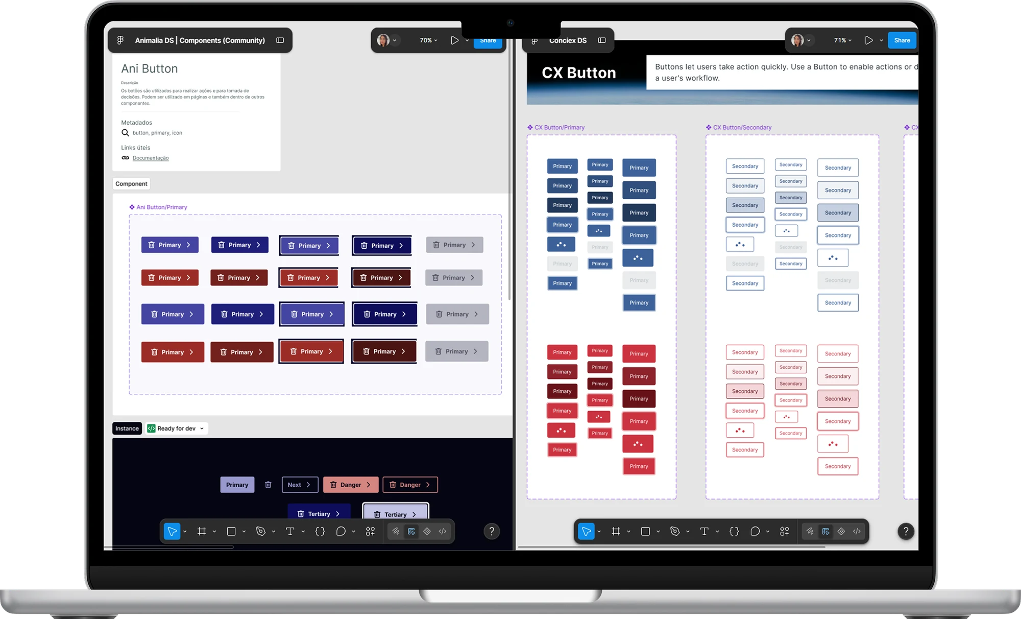 Componentes do Animalia Design System e do design system da Conciex, lado a lado.