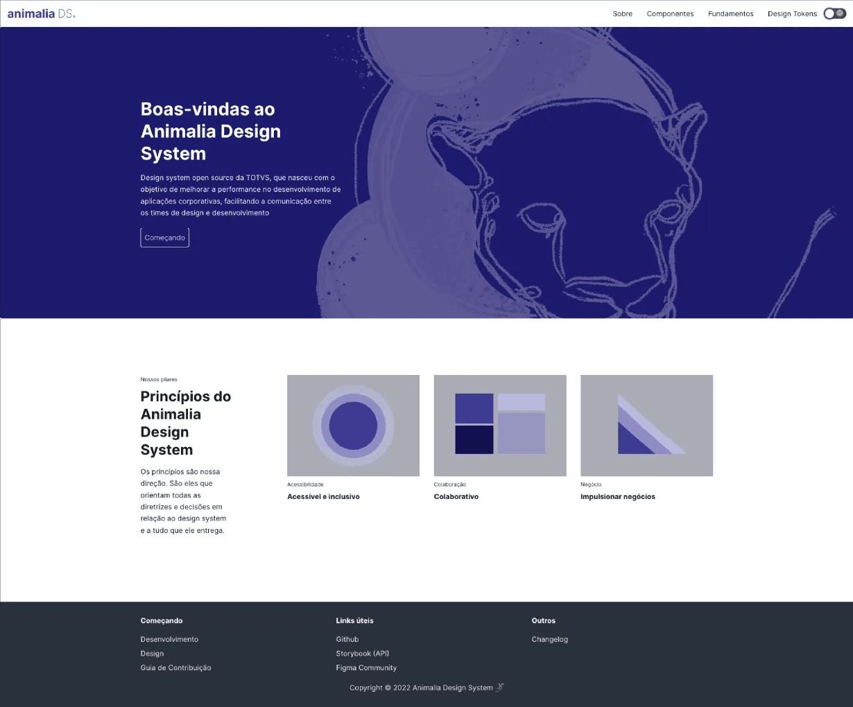 Home antiga do portal do Animalia, com uma ilustração grande no topo e os princípios do design system.