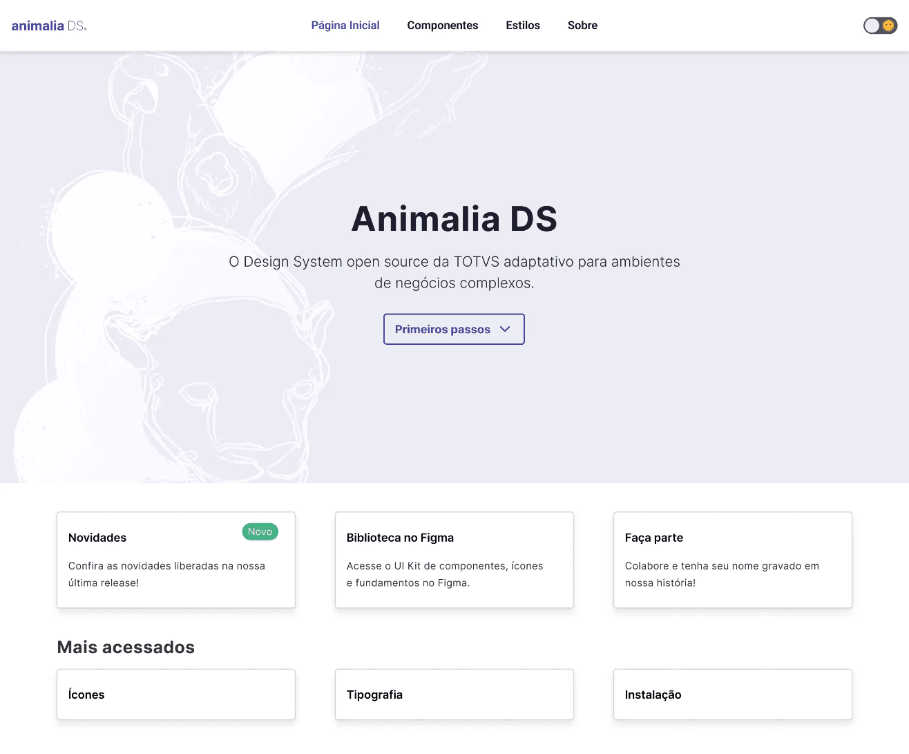 Home nova do portal do Animalia, com atalhos para novidades, biblioteca no Figma e conteúdos mais acessados.