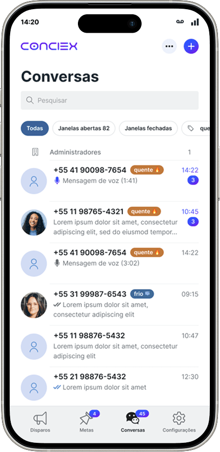 Lista de conversas do Conciex Messaging, com filtros por status e tags