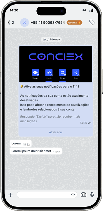 Conversa individual no Conciex Messaging com envio de mensagem via template
