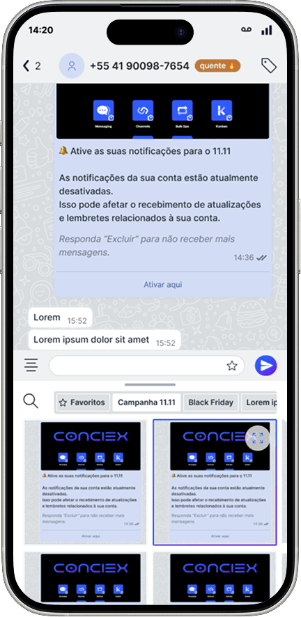 Seletor de templates aberto dentro da conversa