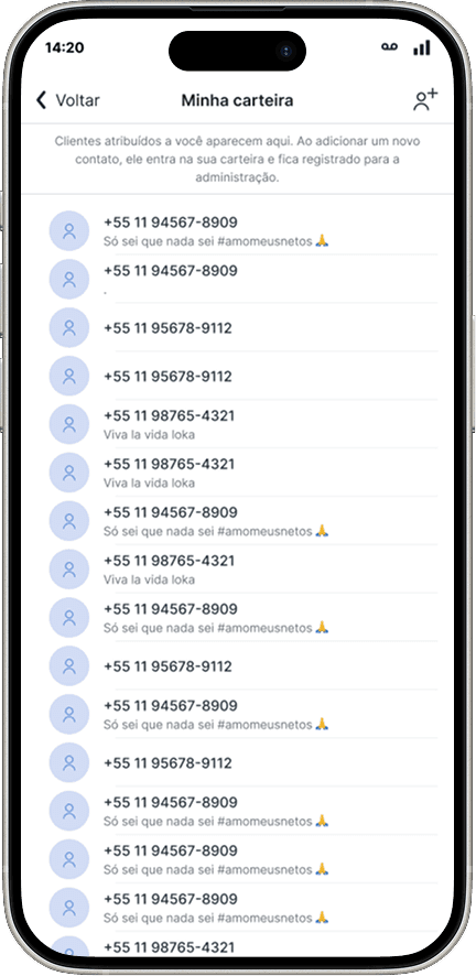 Tela "Minha carteira" do Conciex Messaging, com os clientes atribuídos ao vendedor