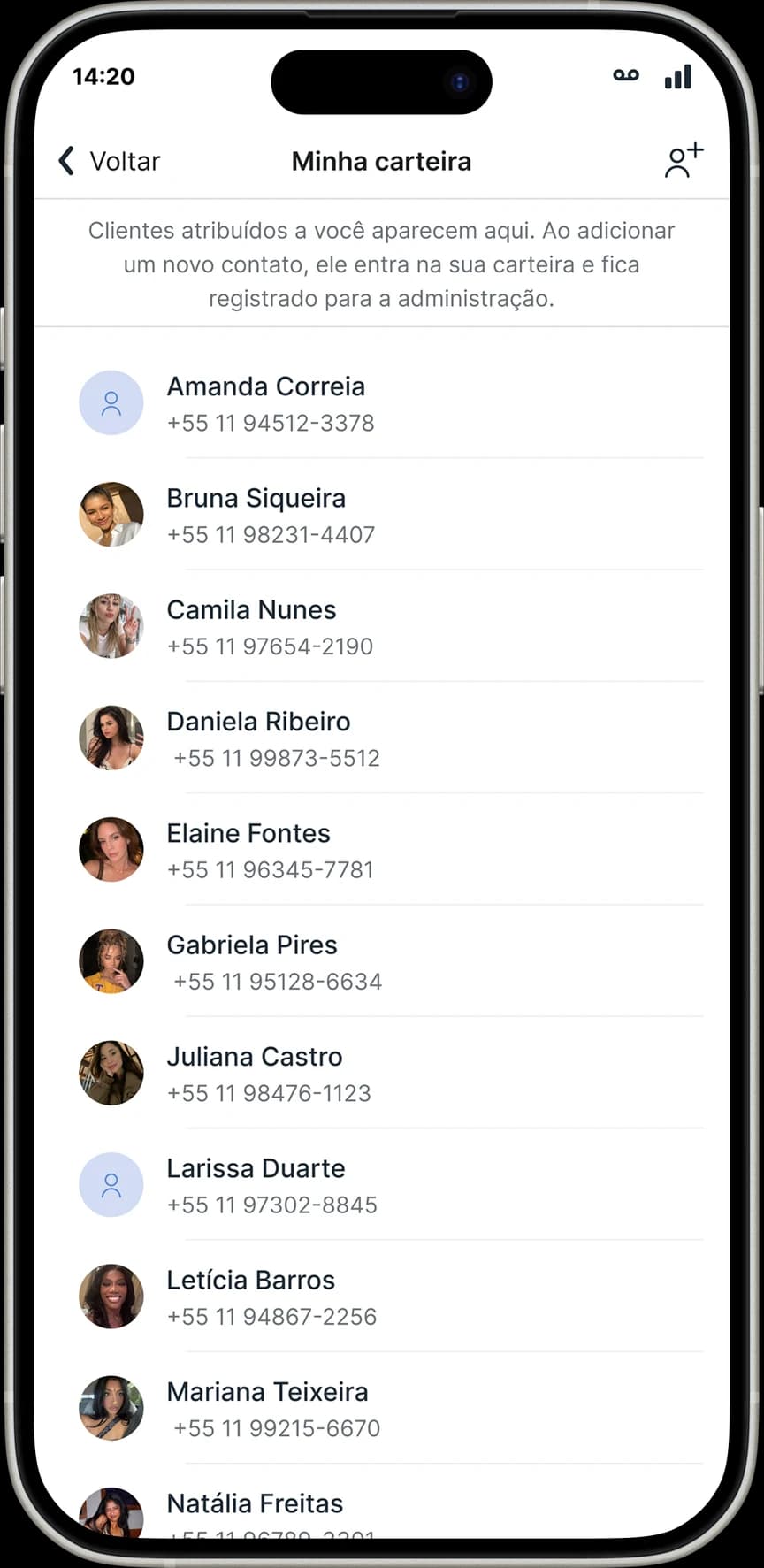 Tela "Minha carteira" do Conciex Messaging: lista de clientes atribuídas à vendedora, com aviso de que novos contatos entram na carteira e ficam registrados para a administração