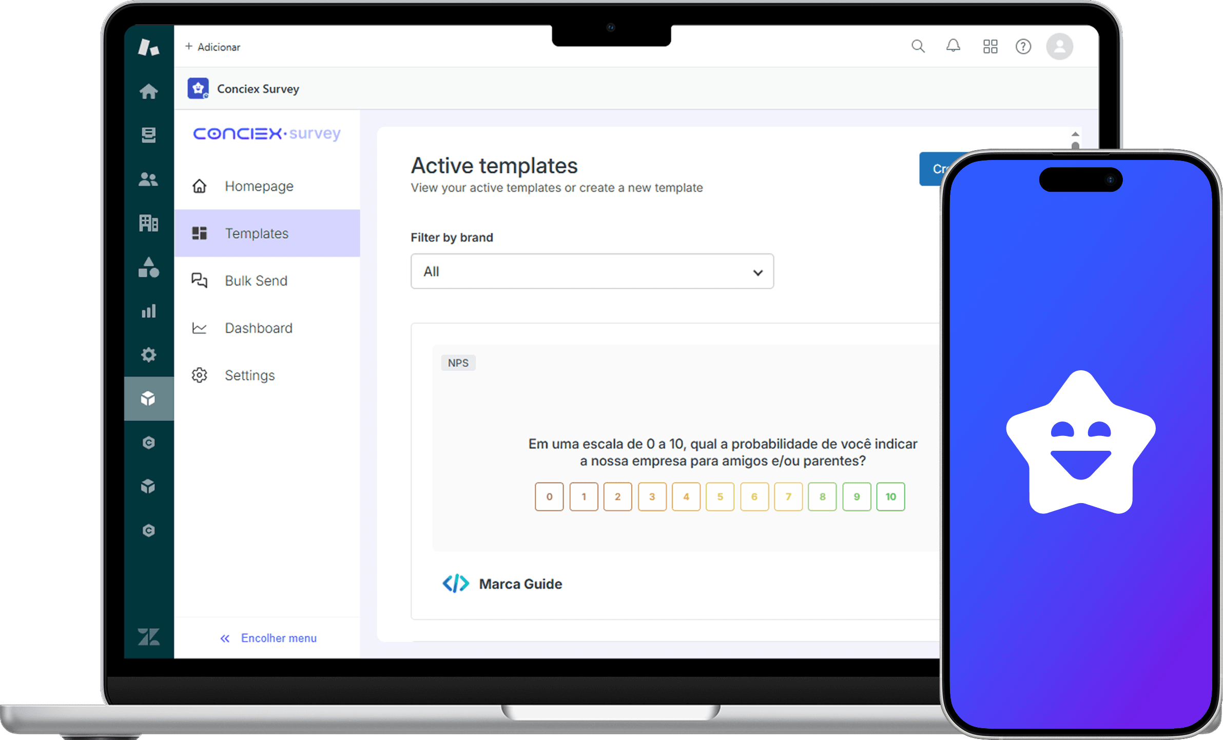 Interface do Conciex Survey — plataforma de NPS e CSAT na Zendesk